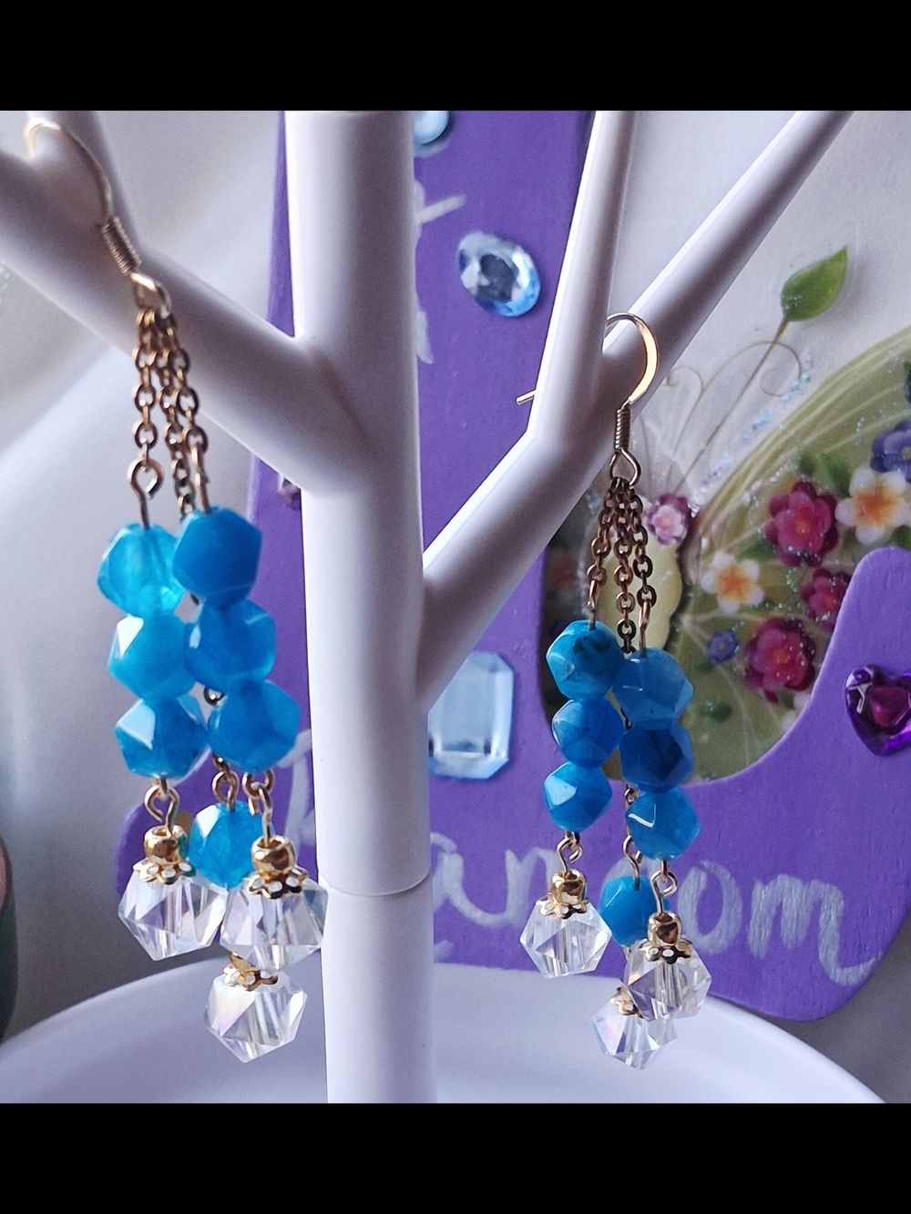 Gold Chain Carpi Blue Bead Drop Earrings-Handmade